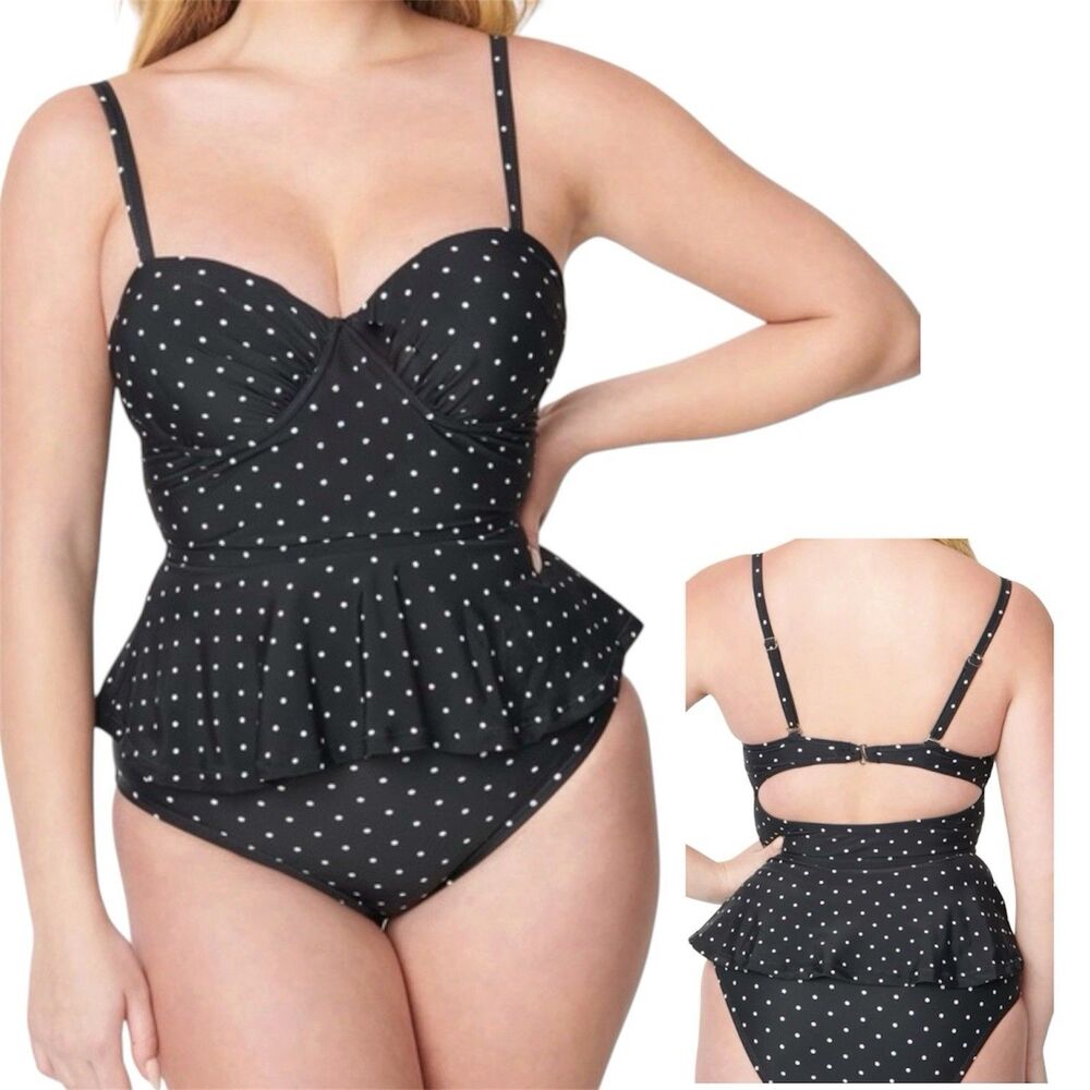 UNIQUE VINTAGE SWIM Women’s L 2 Pc Swimsuit Black White Dotted Retro Flare